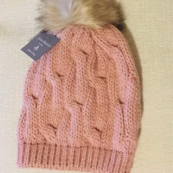 italian Cintelli Gallusso Pink Beani with Fur Pom - Picture 3 of 3
